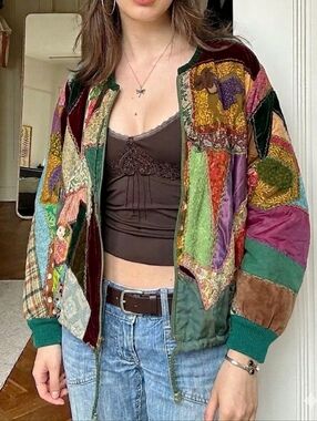 VTG Liberté Boho Eclectic Earthtone Patchwork 70s/80s  Bomber Jacket Size M